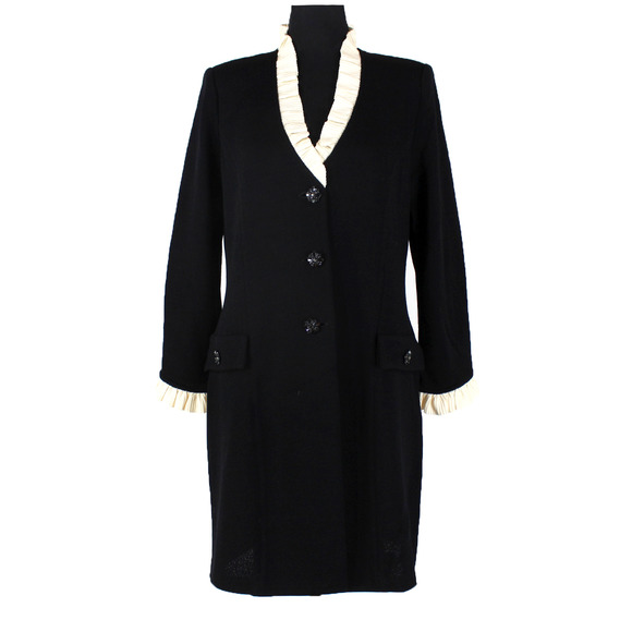 St. John Santana Knit Dress Black Ivory Ruffle Trim Rhinestone Button Size 6 - Picture 1 of 6